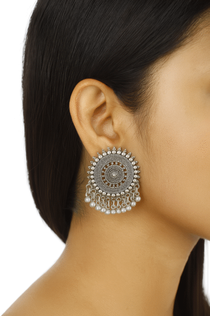 Oxidised Earrings for Women Round Design with Hanging Beads - Image 2